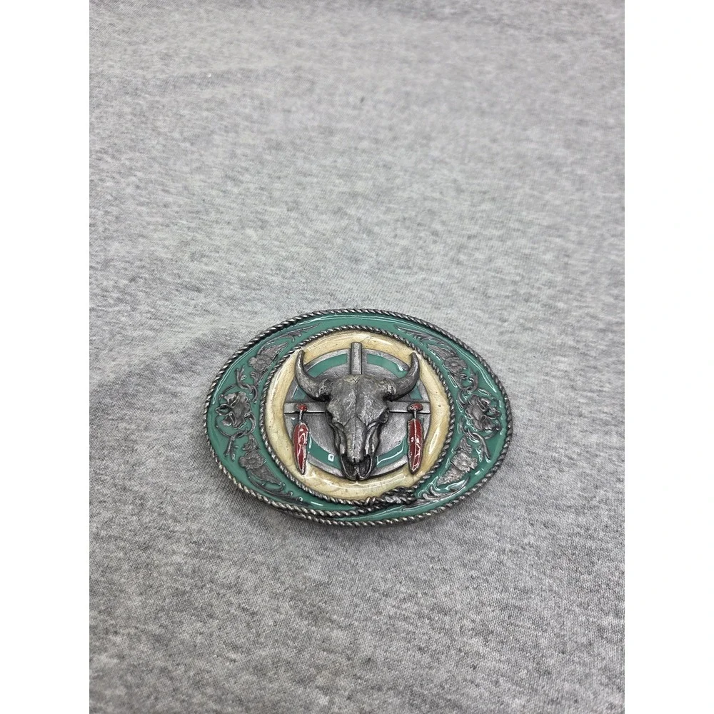 Rare 1981 Siskiyou Buffalo Skull Feathers Green Enamel Native Belt Buckle USA